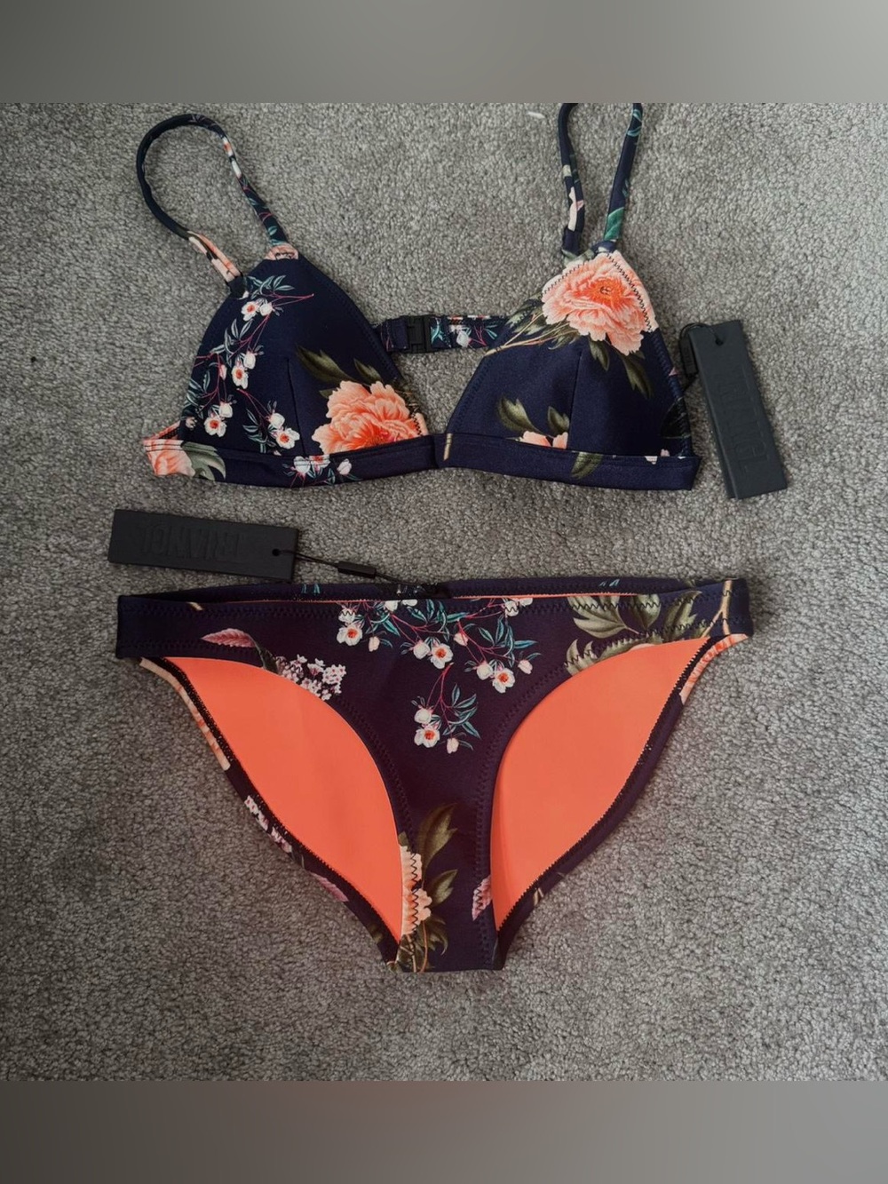 Floral Navy Bikini Set with Coral Accents